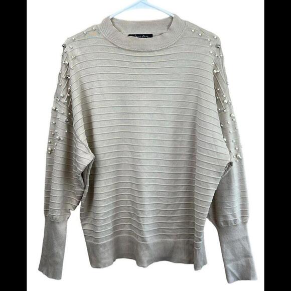 A Love Story Tan Women Round Neck Pearl Studded Sleeves Ribbed‎ Top Size Large - Picture 1 of 4